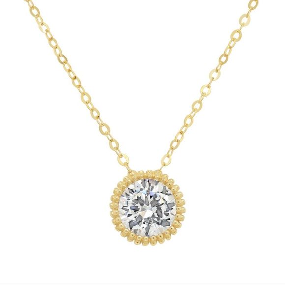 14K Solid Yellow Gold Necklace with Beautiful SolitaireCubic Zirconia Stone